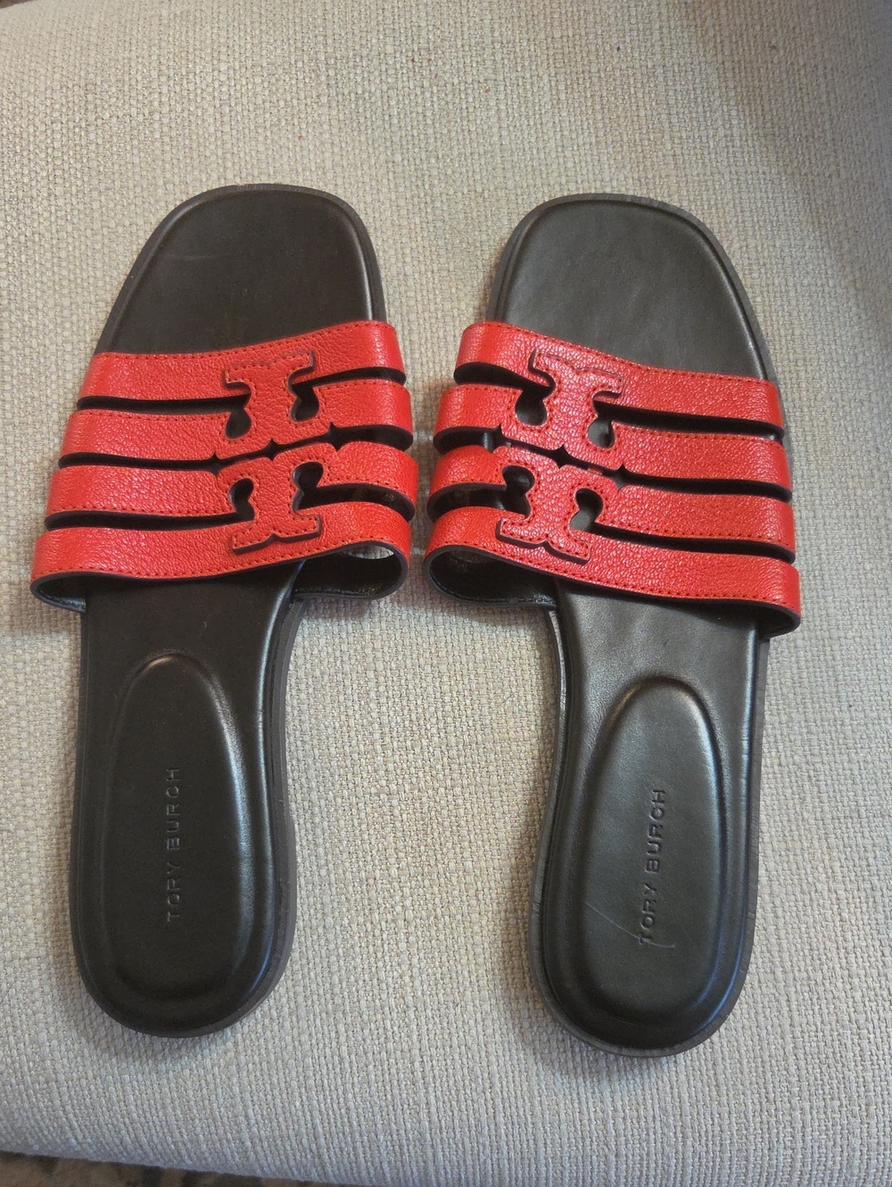 Tory Burch Red Strappy Leather Slide Sandals with Cocoa Footbed